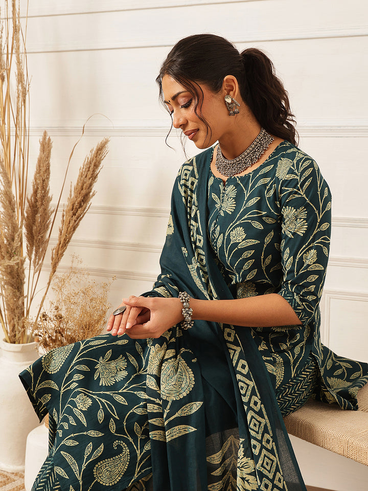 Blue Floral Printed Cotton Suit Set