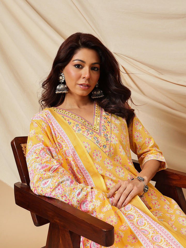 Yellow Embroidered Floral Printed Cotton Suit Set