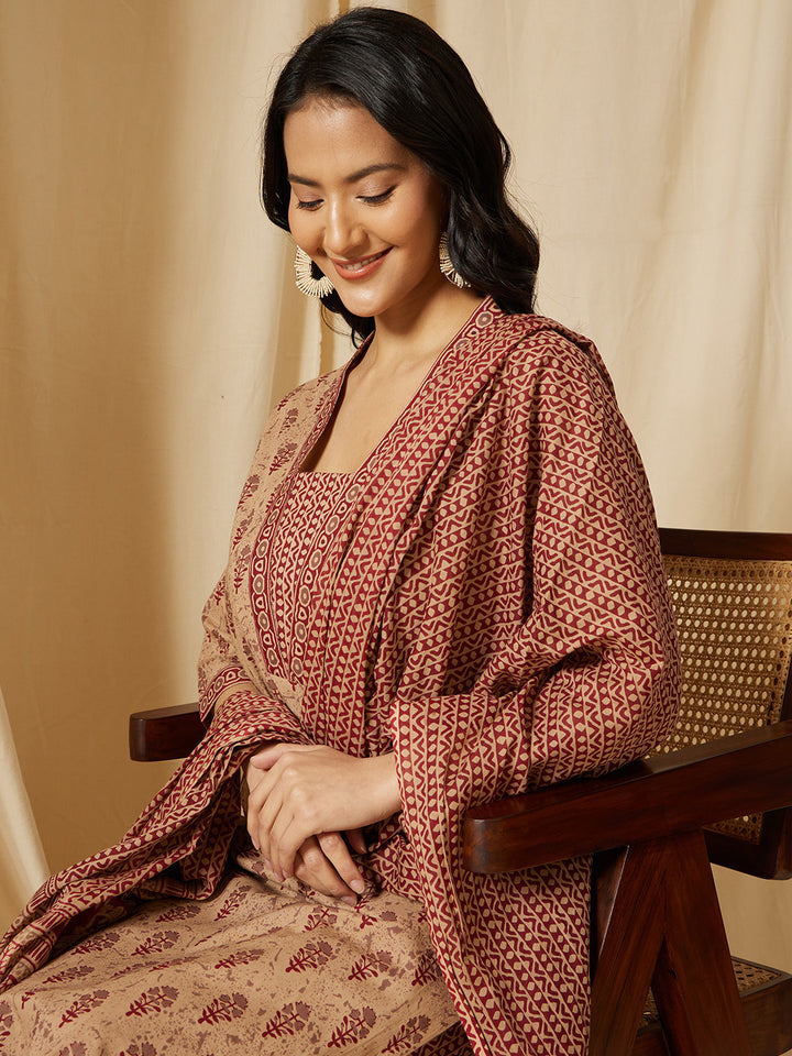 Beige And Maroon Ethnic Motifs Printed Cotton Suit Set