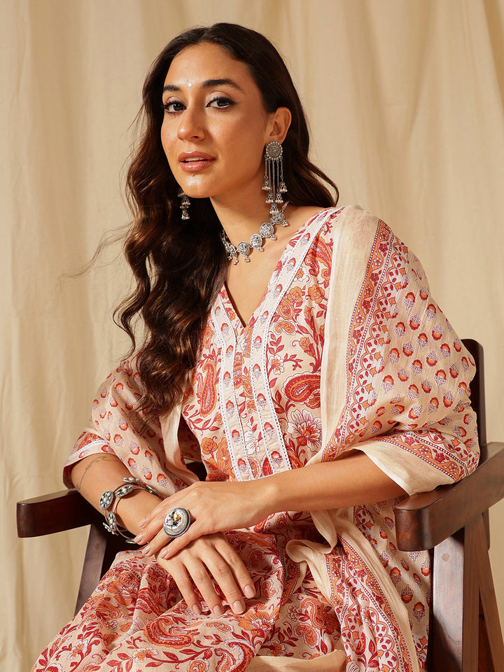 Beige And Orange Floral Printed Cotton Suit Set