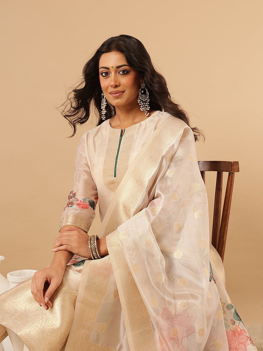 Beige Floral Printed Organza Suit Set