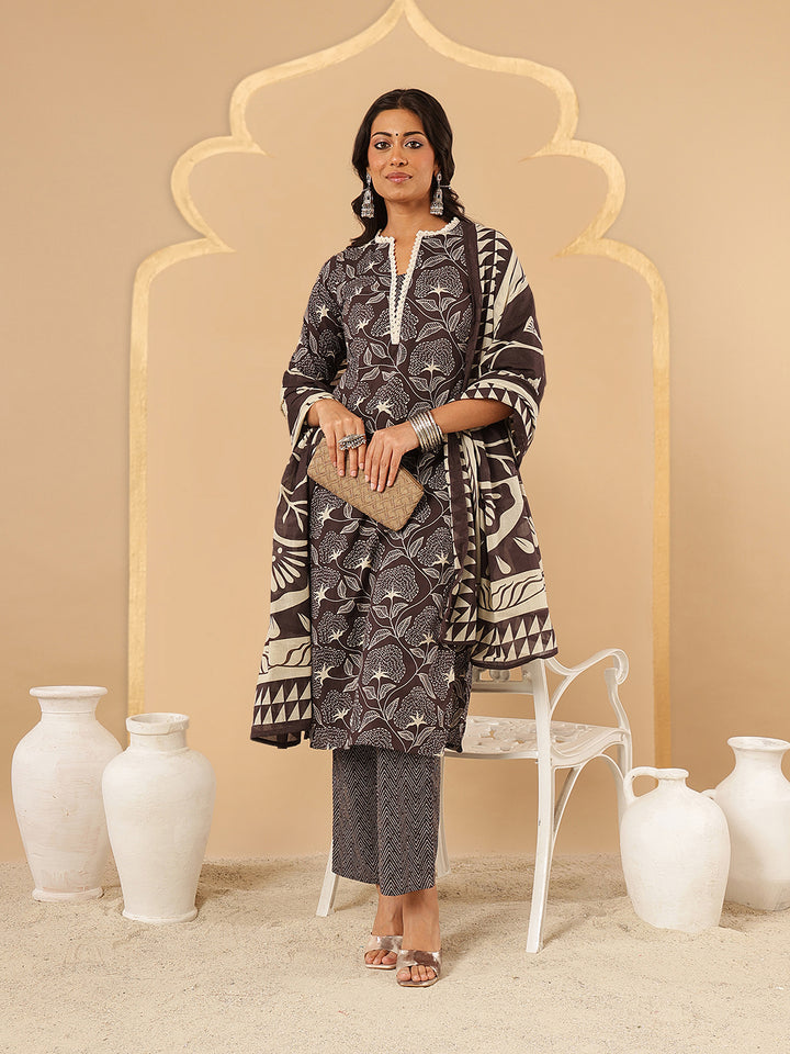 Brown Floral Printed Cotton Suit Set