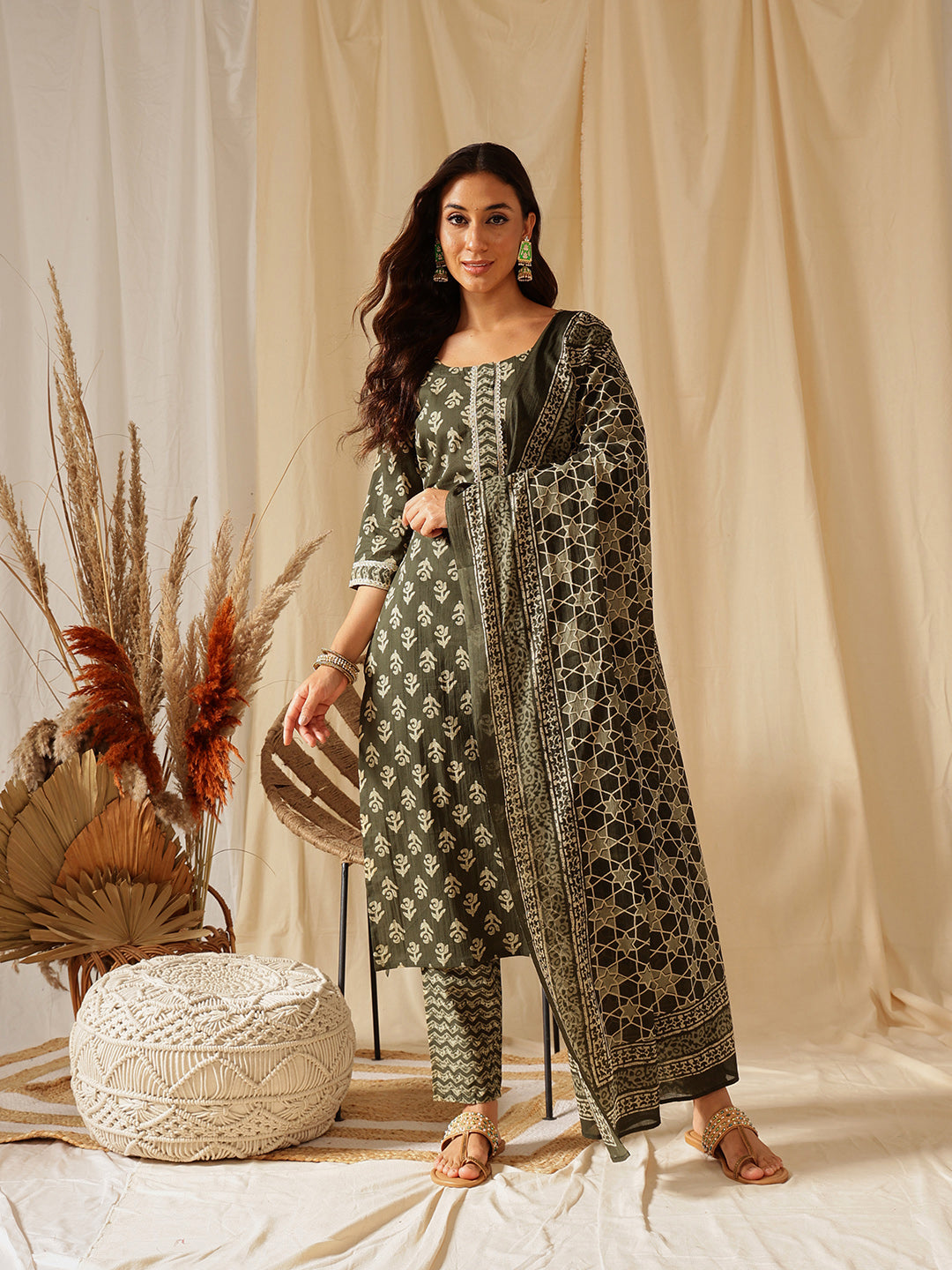 Green Ethnic Motif Printed Cotton Suit Set