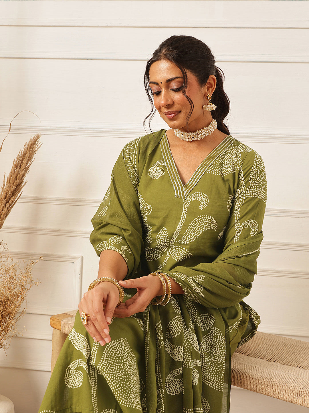 Green Embroidered V Neck Suit Set