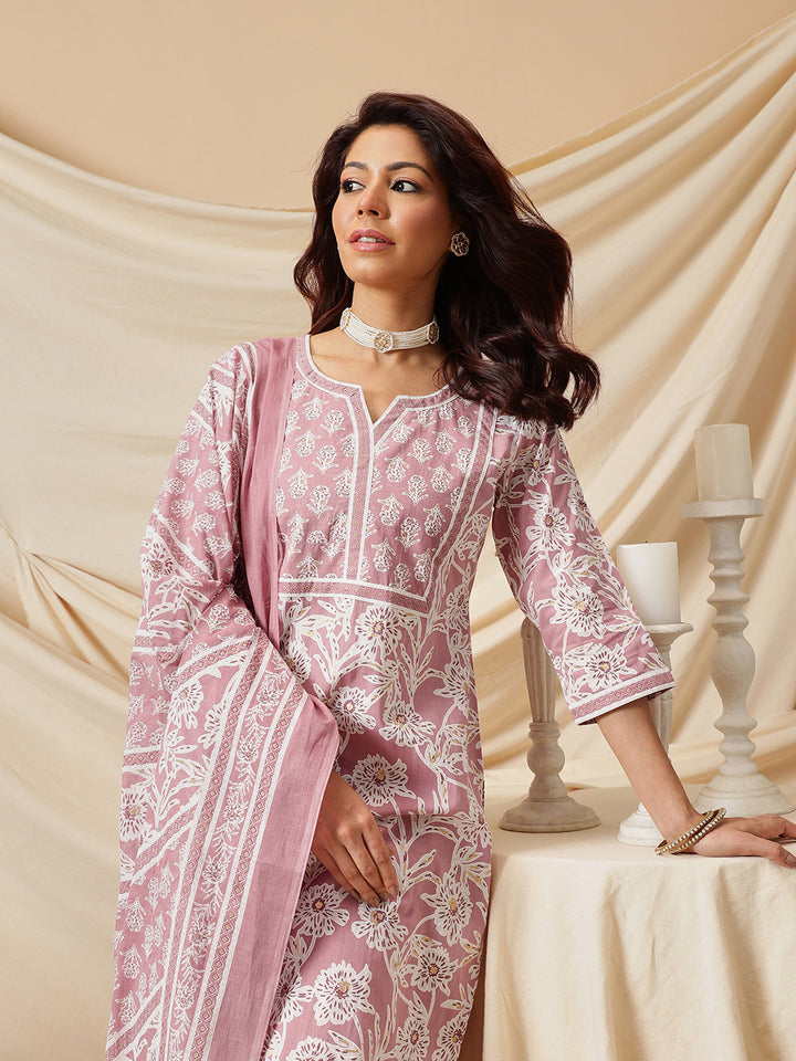 Pink Floral Printed Cotton Suit Set