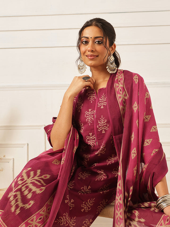 Pink Printed Straight Cotton Suit Set