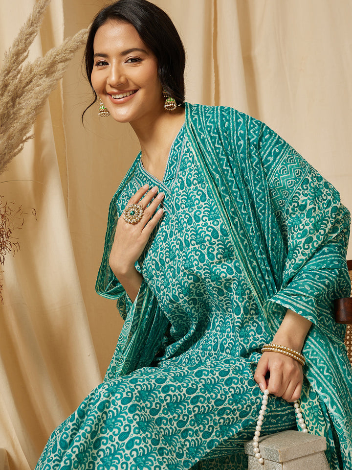 Blue Ethnic Motif Printed Cotton Suit Set