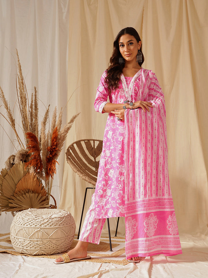 Pink Floral Printed Cotton Suit Set