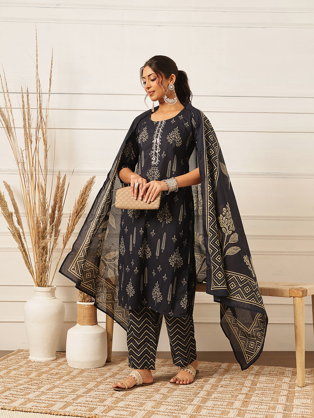Navy Blue Embroidered Cotton Suit Set