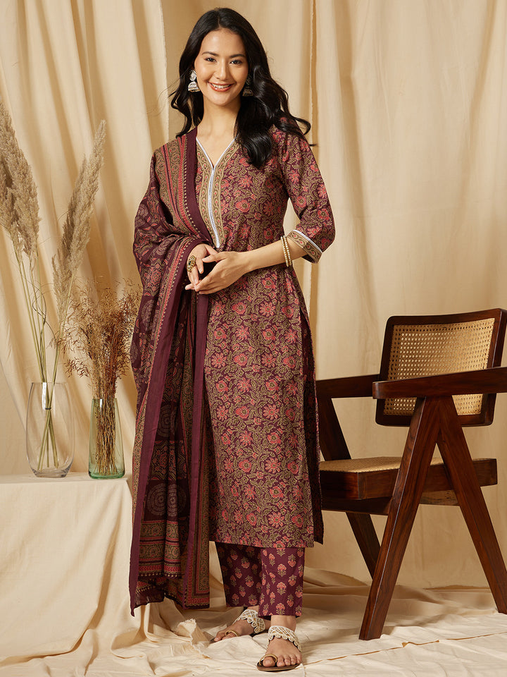 Purple V-Neck Border Printed Cotton Suit Set