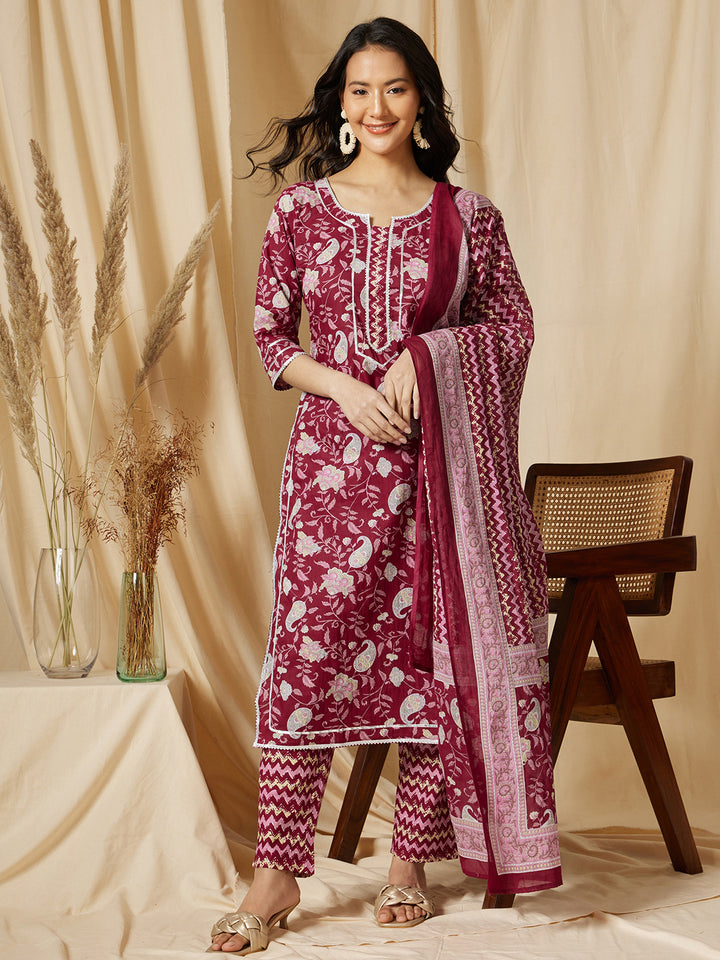 Magenta Printed Straight Cotton Suit Set