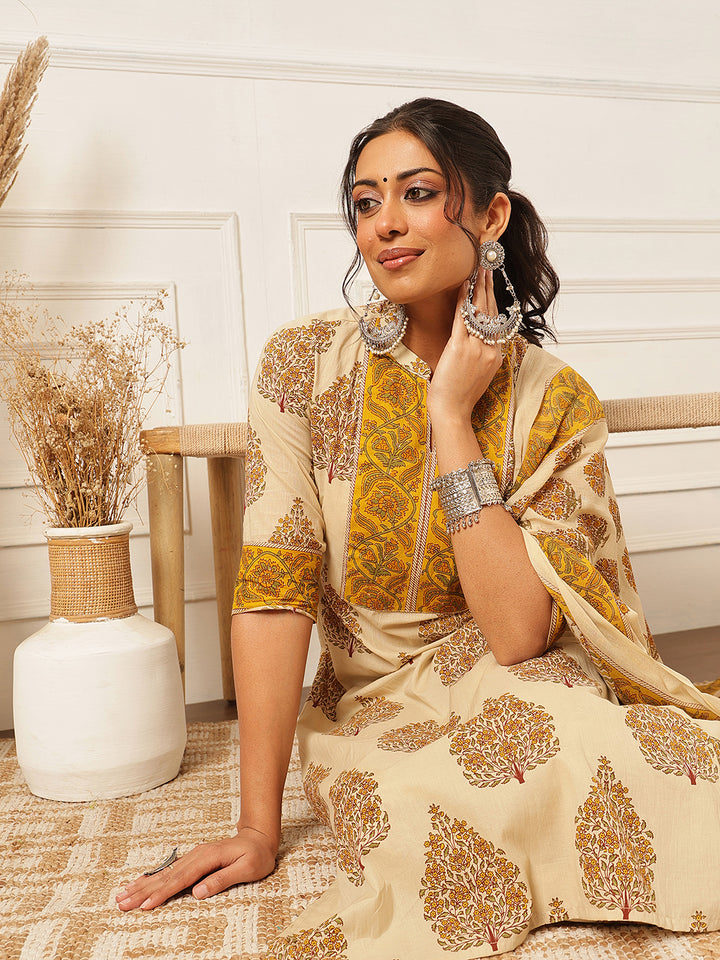 Mustard Floral Printed Cotton Suit Set