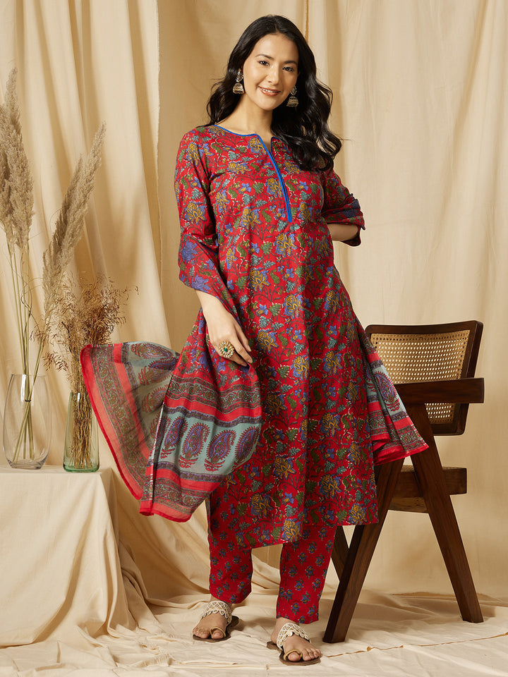 Red Floral Printed Cotton Suit Set