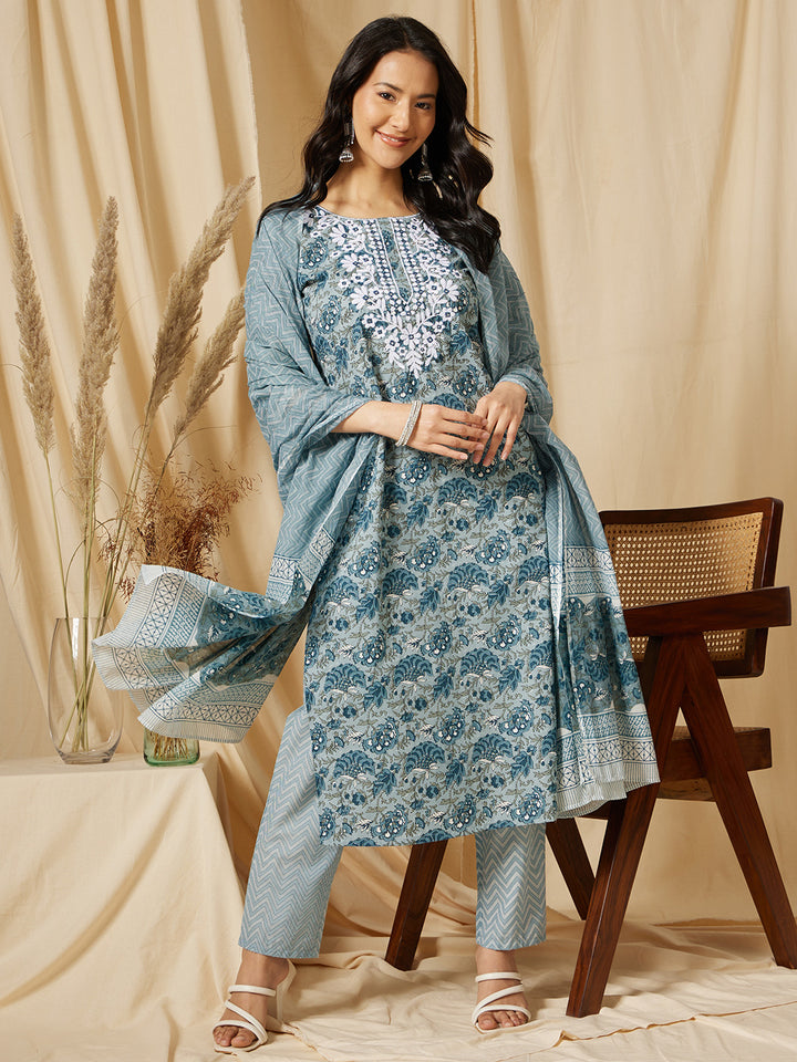 Grey Embroidered Floral Printed Cotton Suit Set