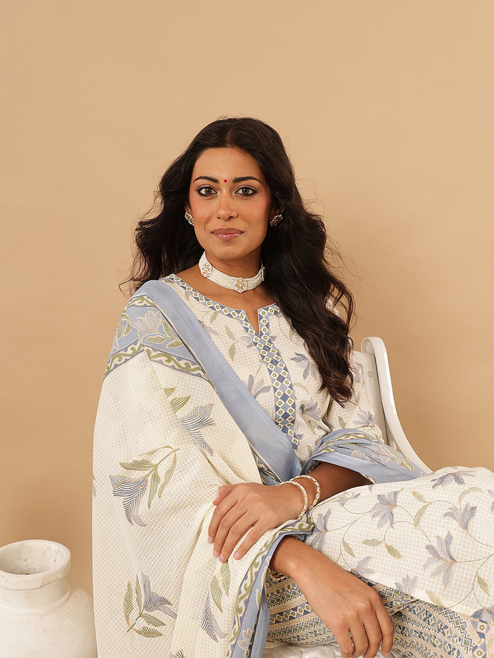 Blue Floral Printed Cotton Suit Set