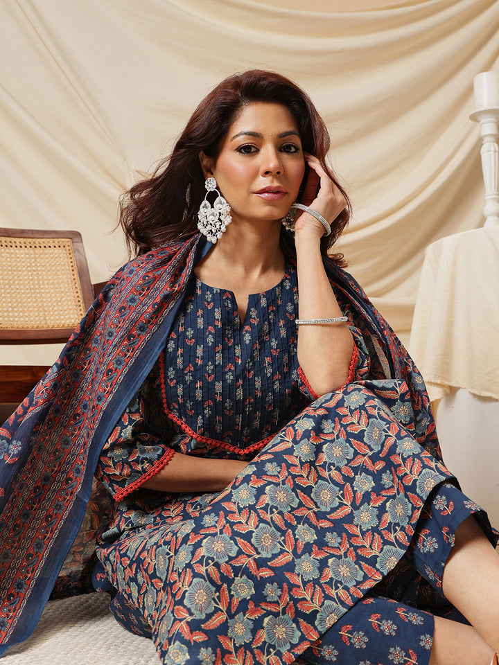 Navy Blue Floral Printed Cotton Suit Set