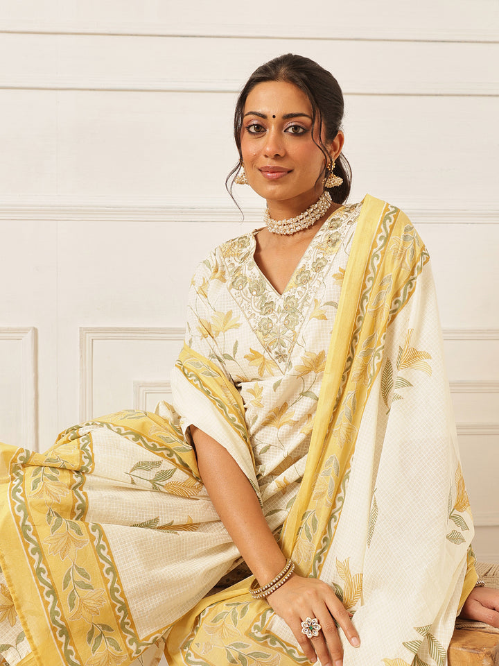 Yellow Embroidered Cotton Kurta Set