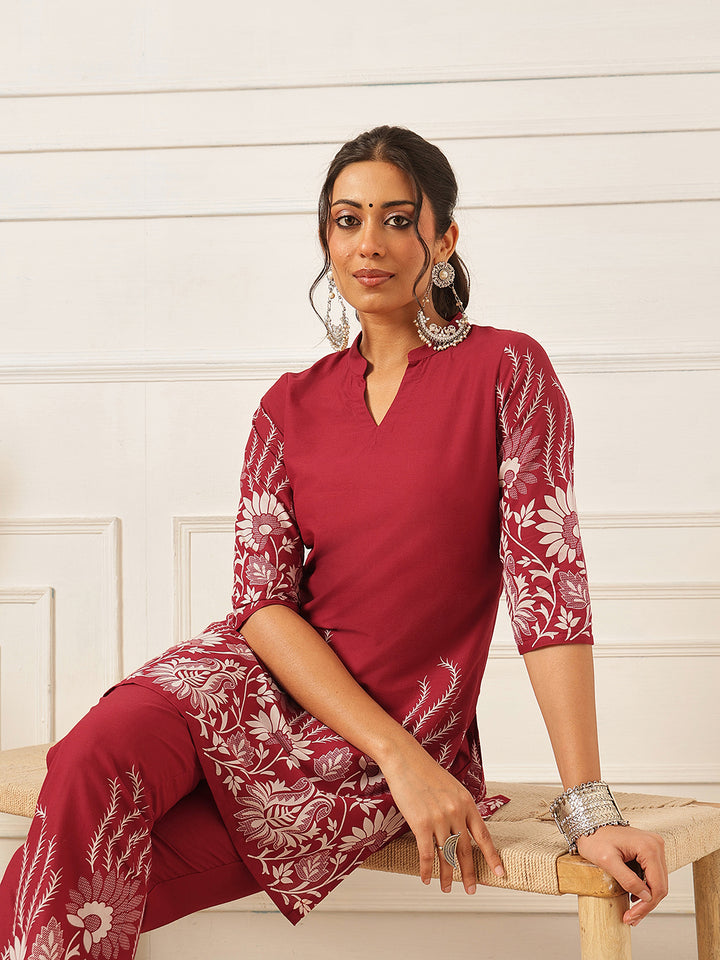 Floral Crest Cotton Co-Ord Set: Cherry Wine