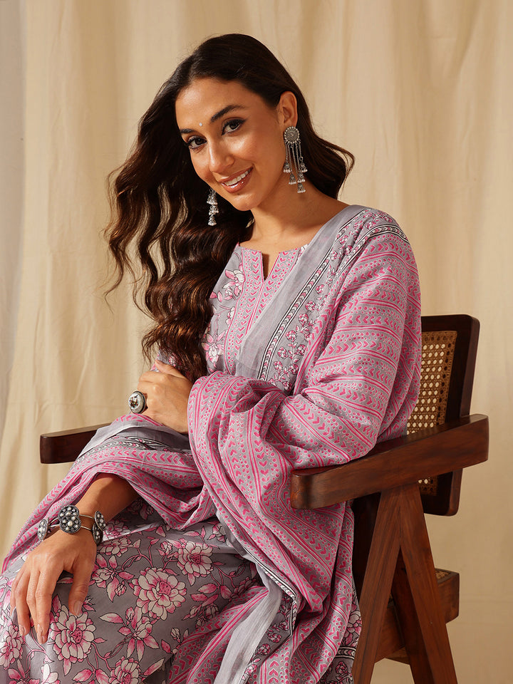 Grey Floral Printed Cotton Suit Set