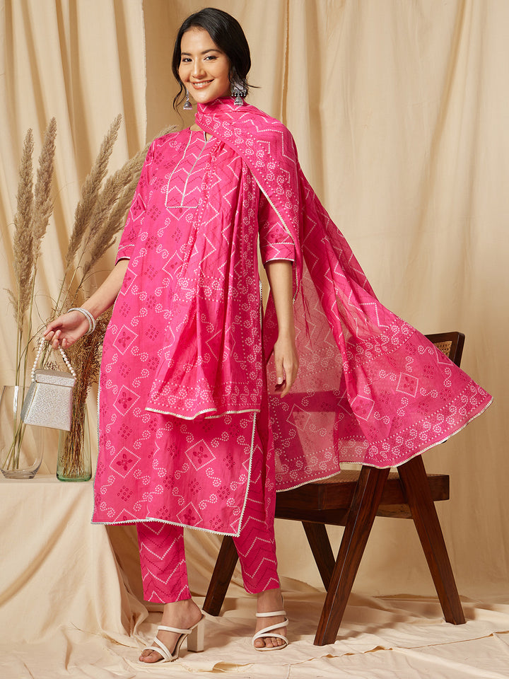 Fuchsia Pink Bandhni Printed Cotton Suit Set