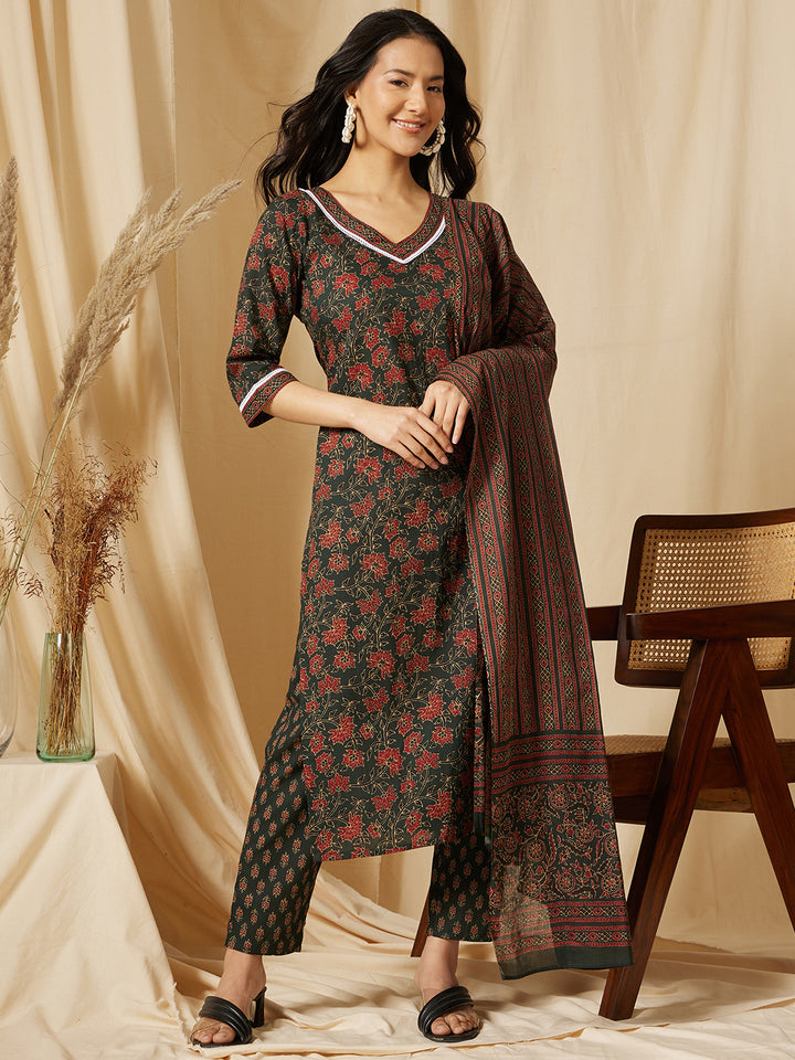 Dark Green Floral Printed Cotton Suit Set