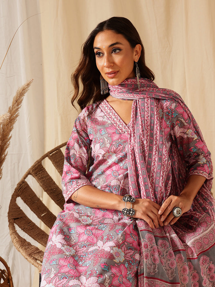 Grey and Pink Printed Cotton Suit Set