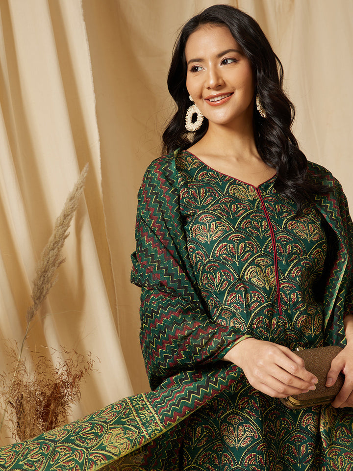 Dark Green Ethnic Motif Cotton Suit Set