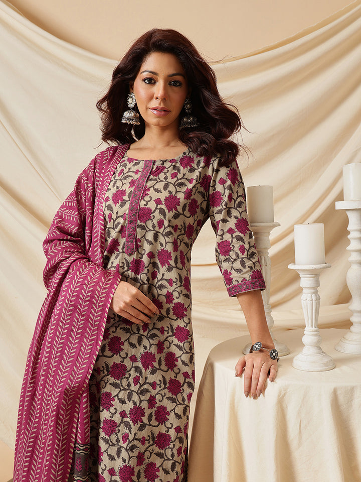 Beige Floral Printed Cotton Suit Set