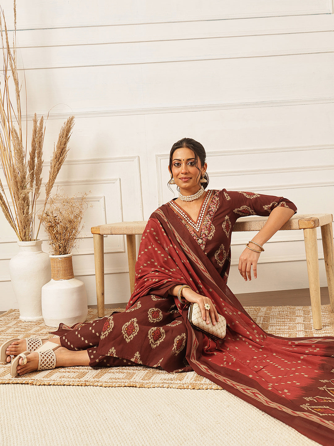Brown Embroidered Cotton Suit Set