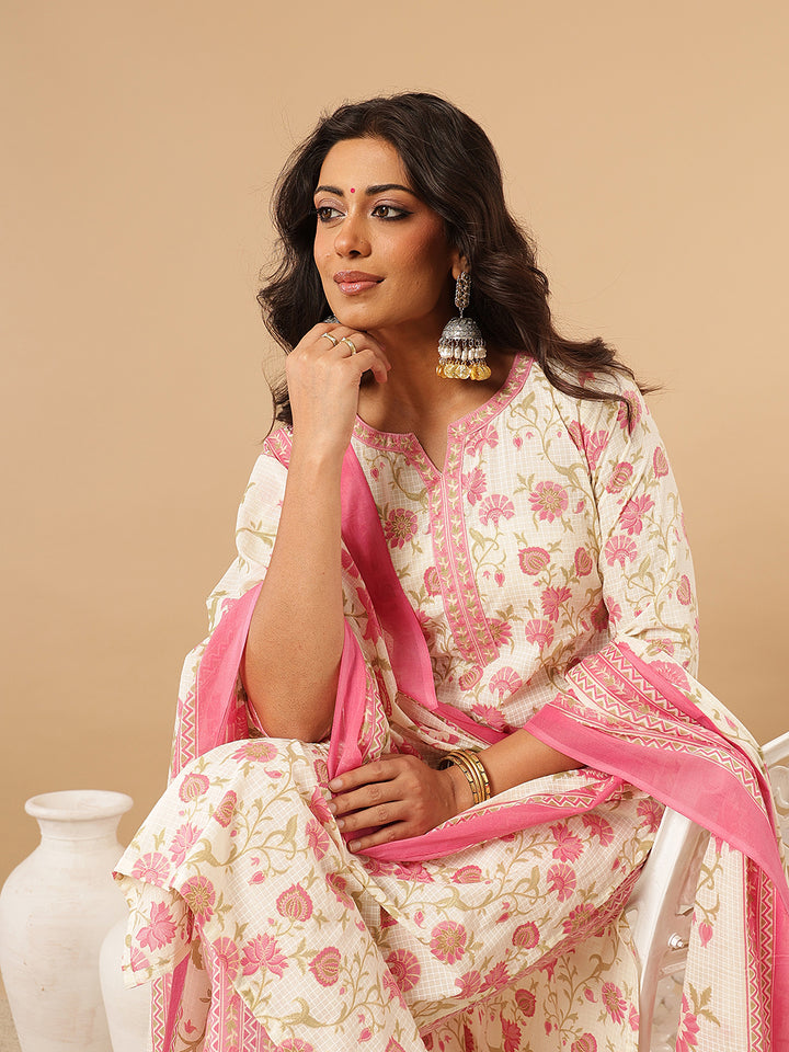 Pink Floral Printed Cotton Suit Set