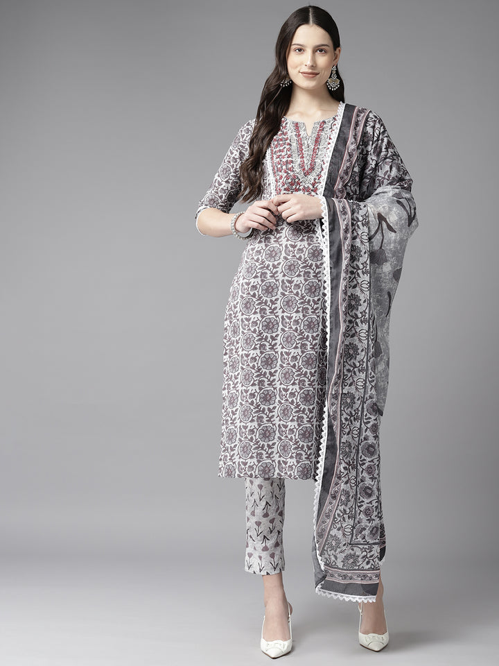 Grey Embroiderd Floral Printed Cotton Suit Set