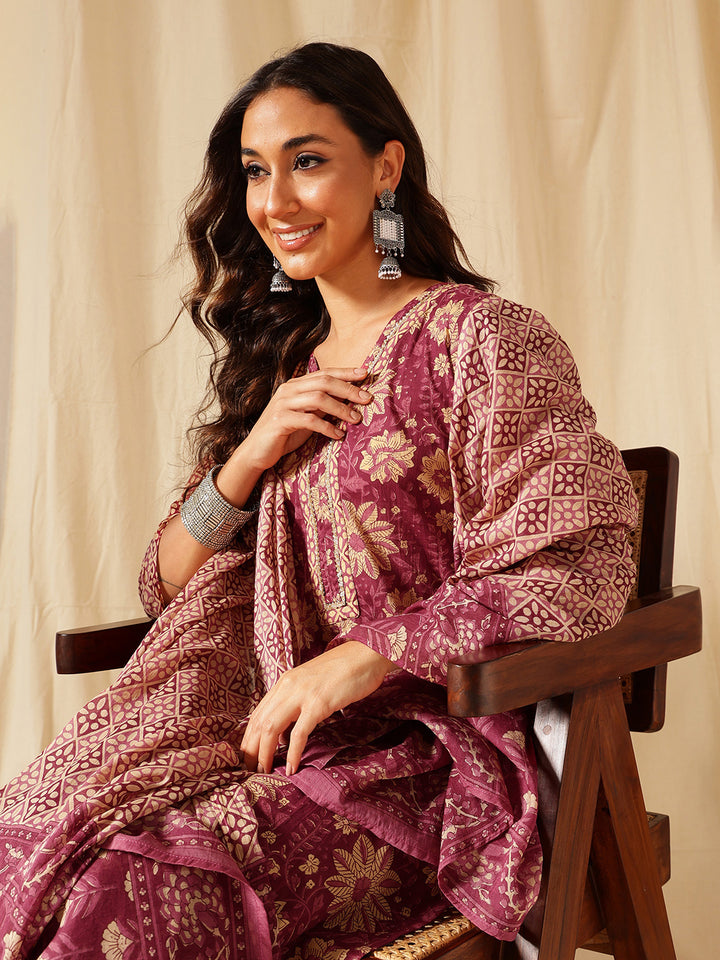 Burgundy Ethnic Motif Cotton  Suit Set