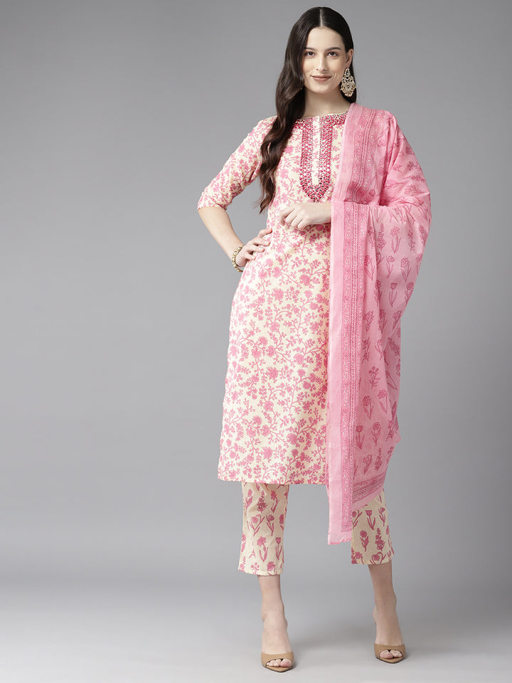 Yellow and Pink Mirror Embroidered Floral Cotton Suit Set