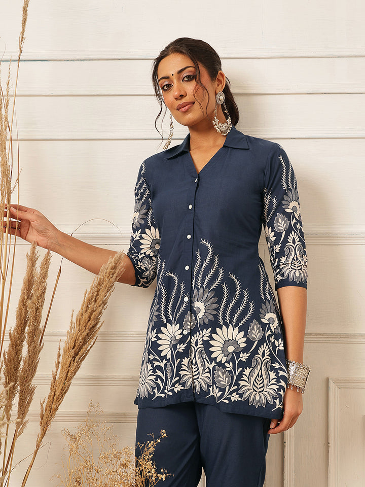 Floral Crest Cotton Co-Ord Set: Dark Sapphire