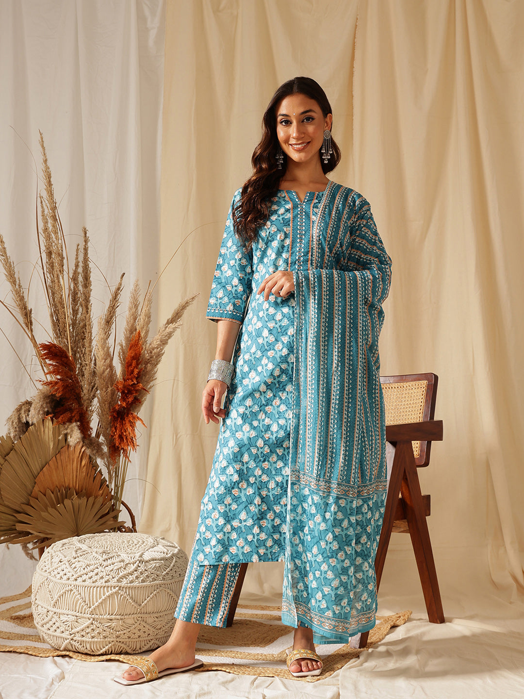 Blue Ethnic Motif Printed Cotton Suit Set