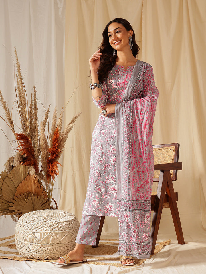 Grey Floral Printed Cotton Suit Set