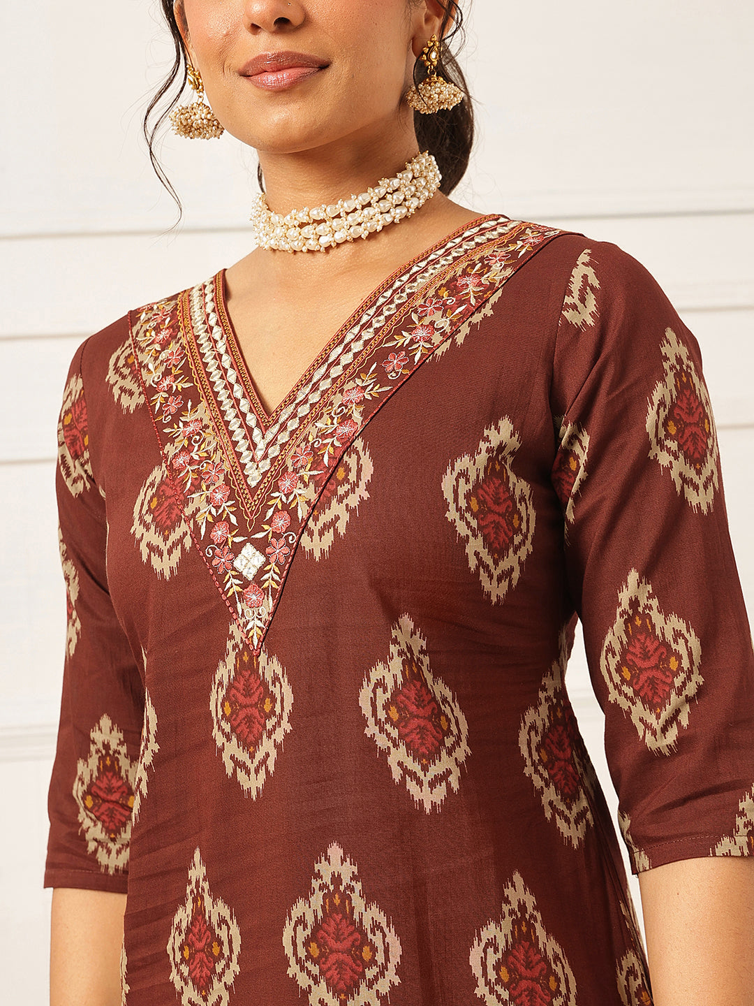 Brown Embroidered Cotton Suit Set
