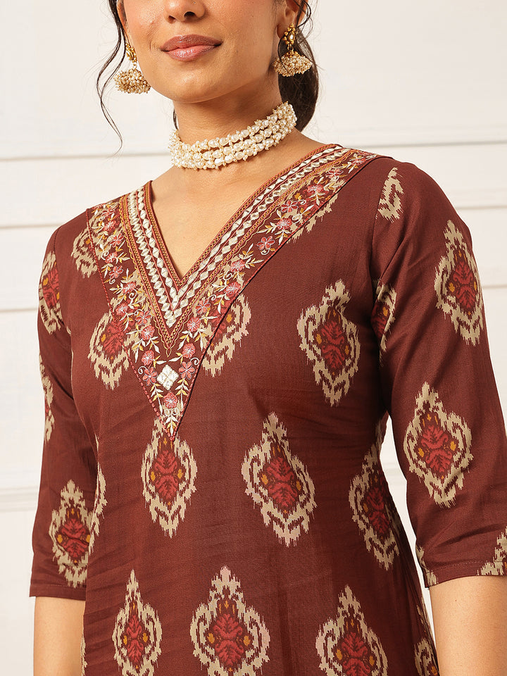 Brown Embroidered Cotton Suit Set