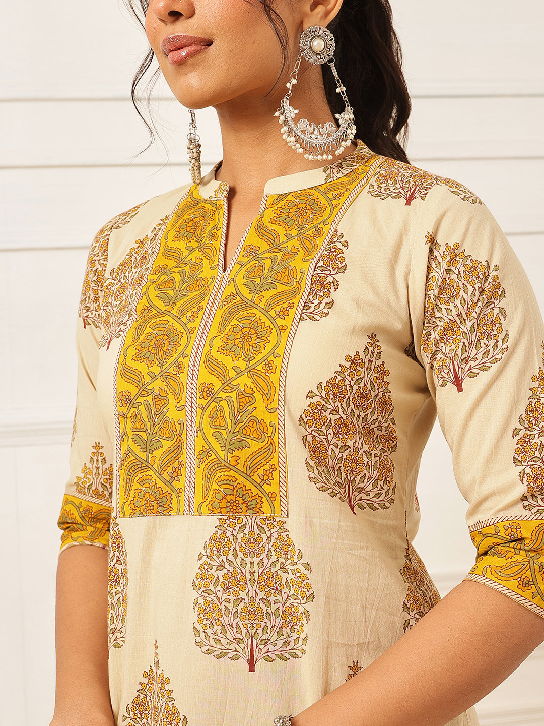 Mustard Floral Printed Cotton Suit Set
