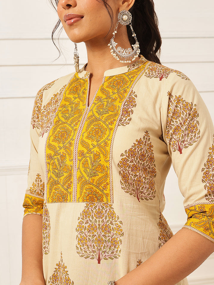 Mustard Floral Printed Cotton Suit Set