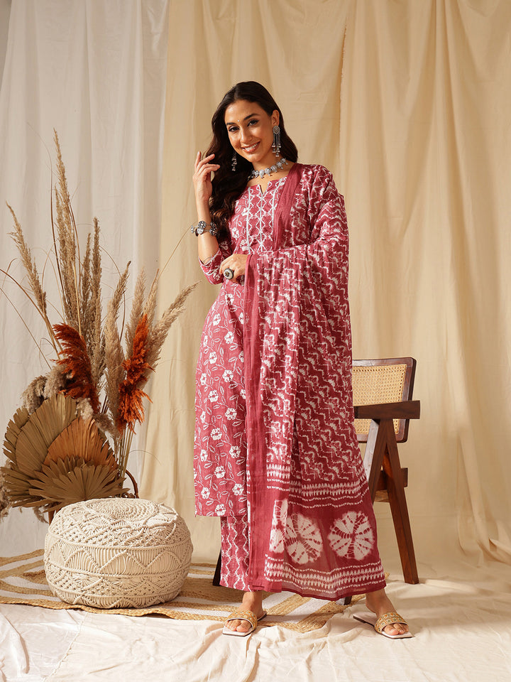 Maroon Printed Cotton Suit Set