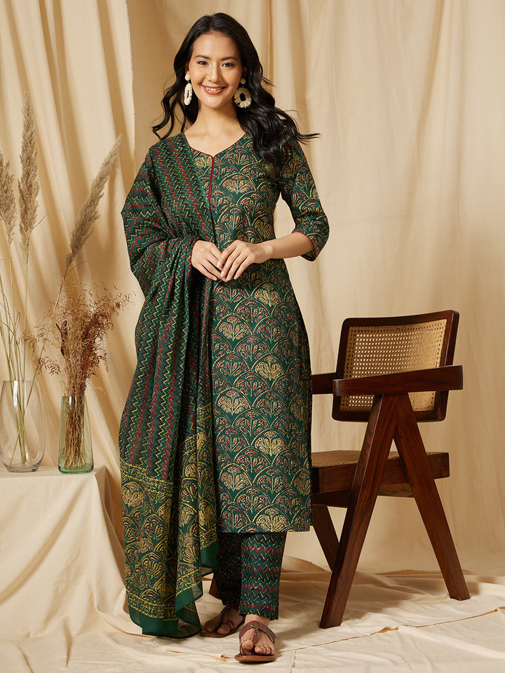 Dark Green Ethnic Motif Cotton Suit Set