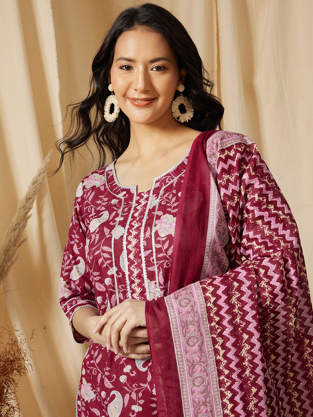 Magenta Printed Straight Cotton Suit Set