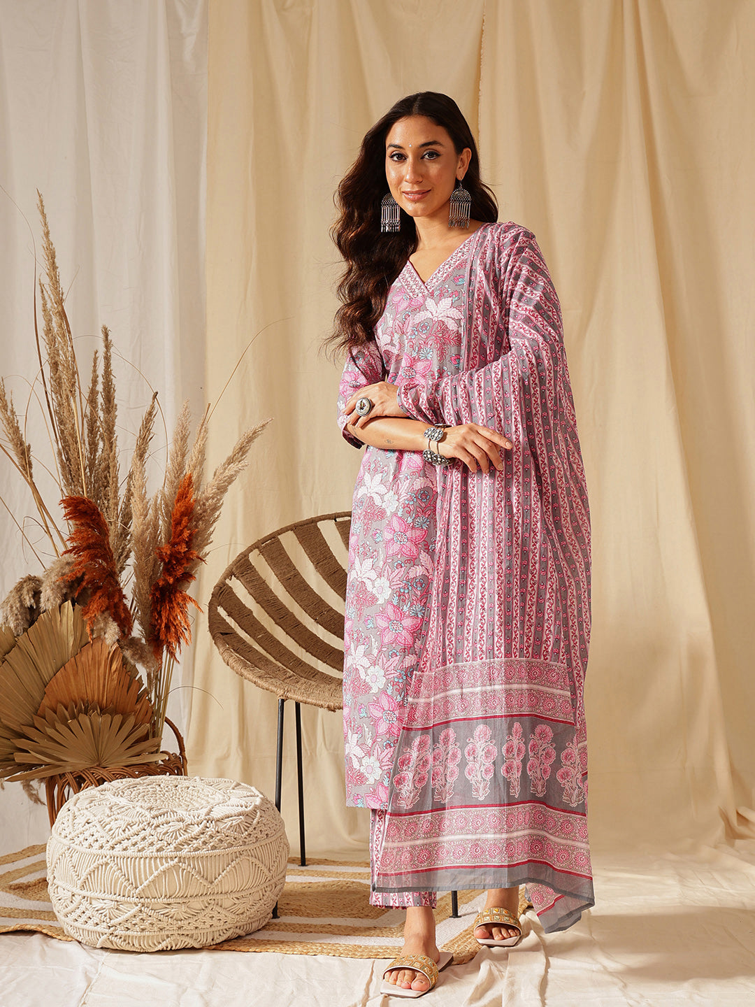 Grey and Pink Printed Cotton Suit Set