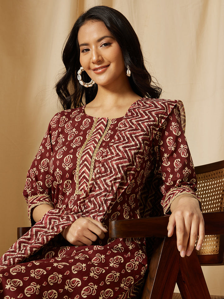 Maroon Ethnic Motif Printed Cotton Suit Set