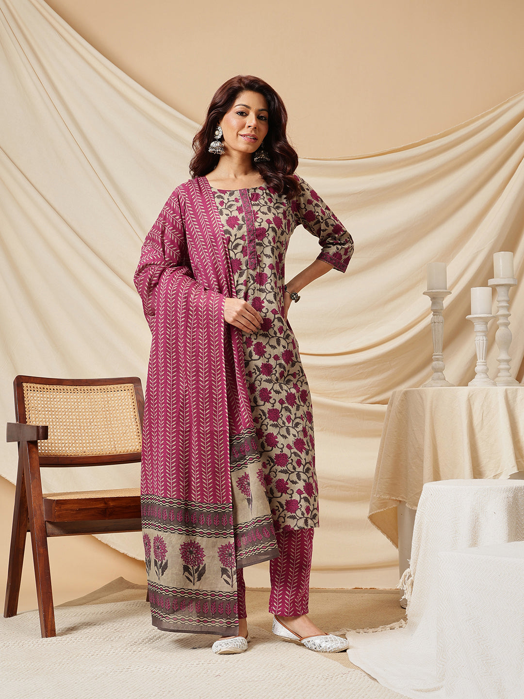 Beige Floral Printed Cotton Suit Set