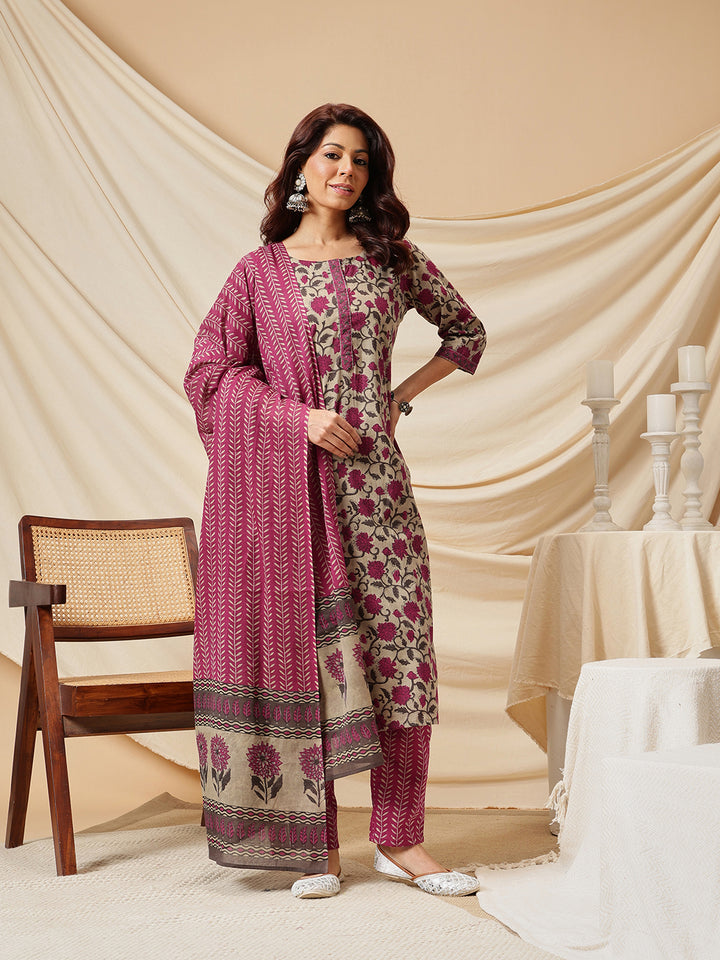 Beige Floral Printed Cotton Suit Set