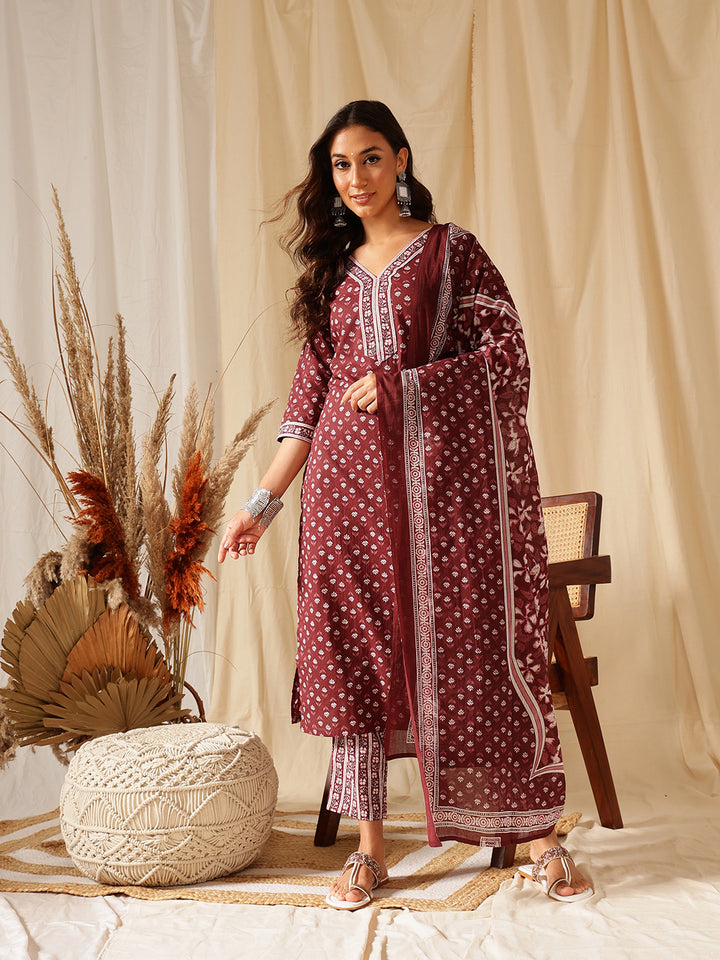 Maroon Floral Printed Cotton Suit Set