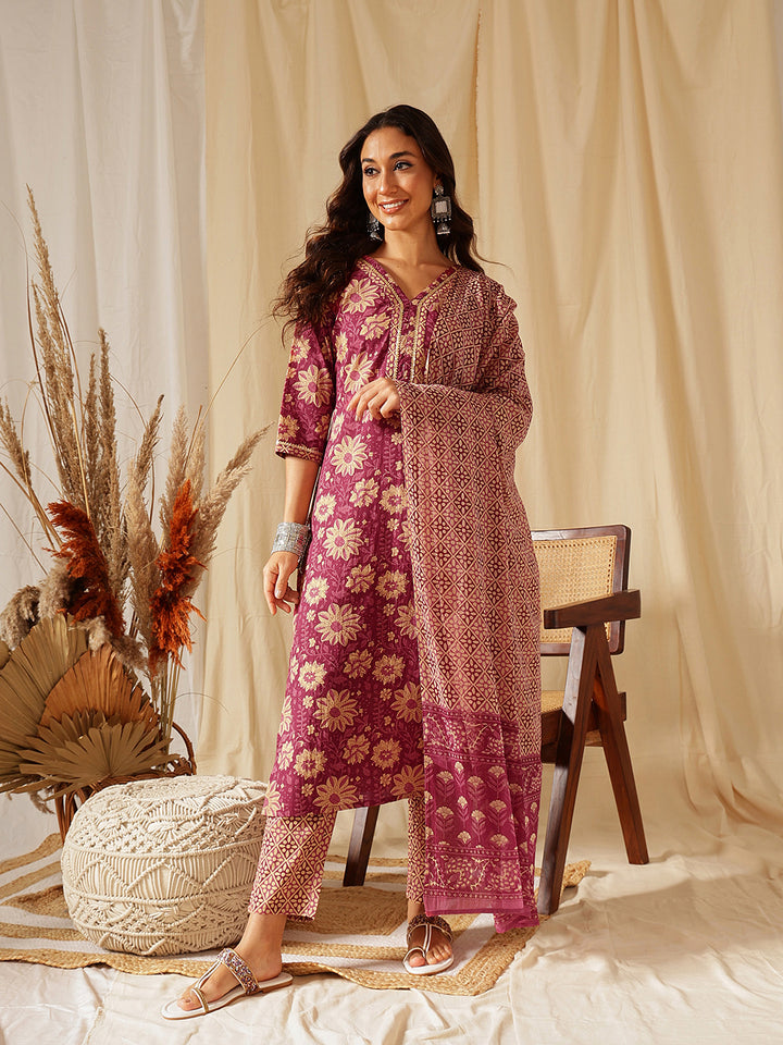 Burgundy Ethnic Motif Cotton  Suit Set