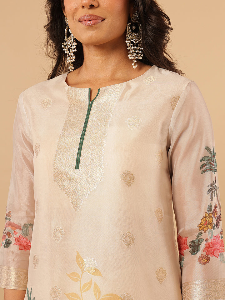 Beige Floral Printed Organza Suit Set